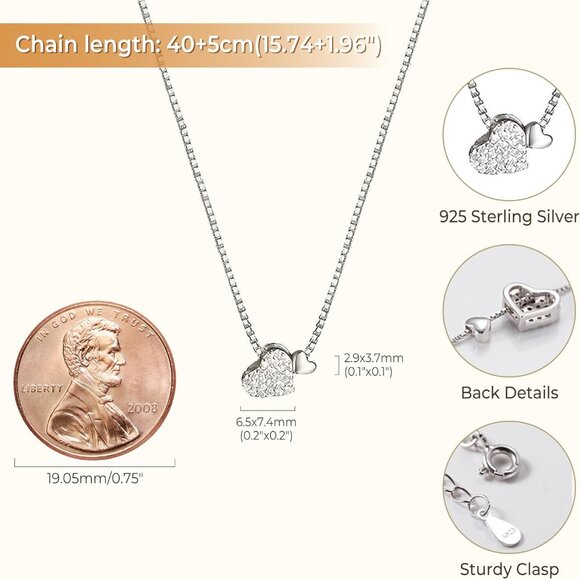 Sterling Silver Heart Necklace for Women 15.74" +2" Extender Gold Plated CZ - Picture 4 of 6